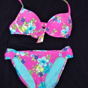 womens medium pink blue tropical flower bikini set low-waisted bottoms